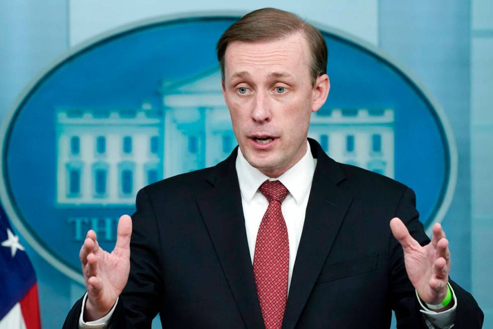 White House national security adviser Jake Sullivan gives an update about Ukraine during a pres ...