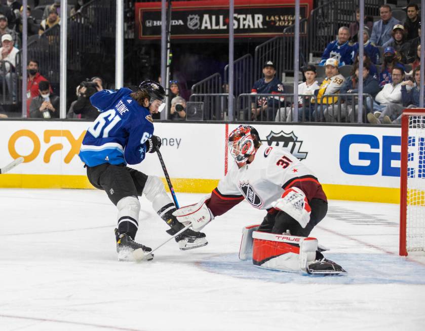 Vegas Golden Knights forward Mark Stone (61) shoots on Carolina Hurricanes goaltender Frederik ...