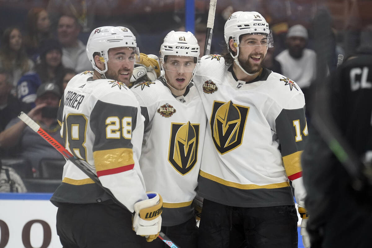 Vegas Golden Knights center Brett Howden (21) celebrates his goal against the Tampa Bay Lightni ...