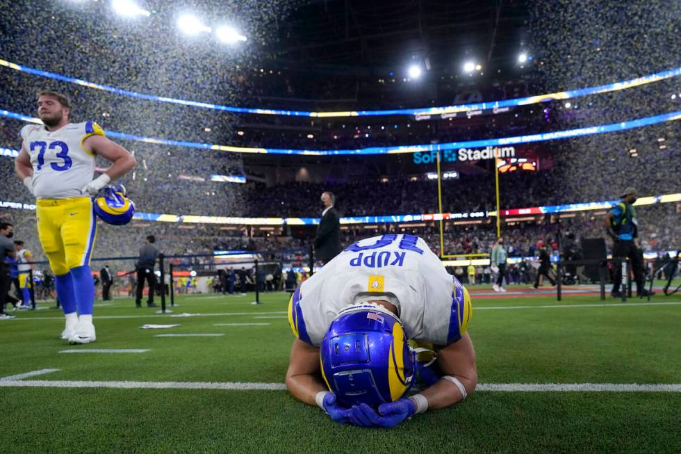 Los Angeles Rams wide receiver Cooper Kupp (10) reacts after the Rams defeated the Cincinnati B ...