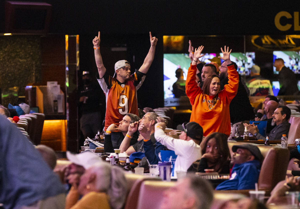 Tim Perry, upper left, and Tara Green, both of Cincinnati, cheer after a touchdown by Tee Higgi ...