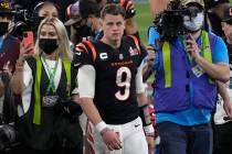 Cincinnati Bengals quarterback Joe Burrow (9) leaves the field after the NFL Super Bowl 56 foot ...