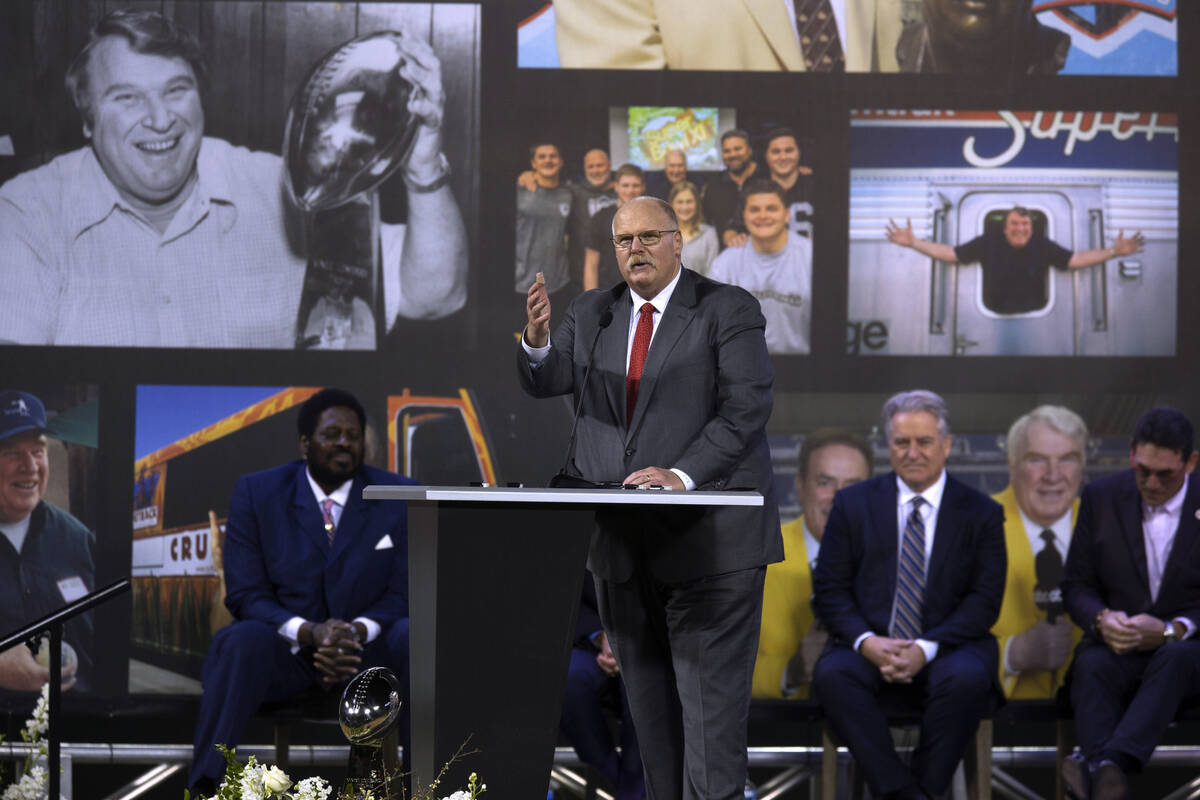 Kansas City Chiefs coach Andy Reid speaks during a memorial service for former NFL coach and te ...