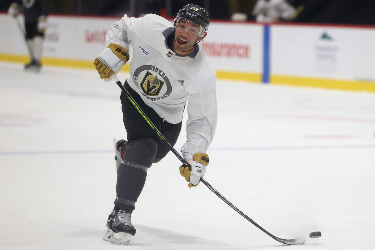 Vegas Golden Knights defenseman Alec Martinez (23) takes a shot at the goal during a team pract ...