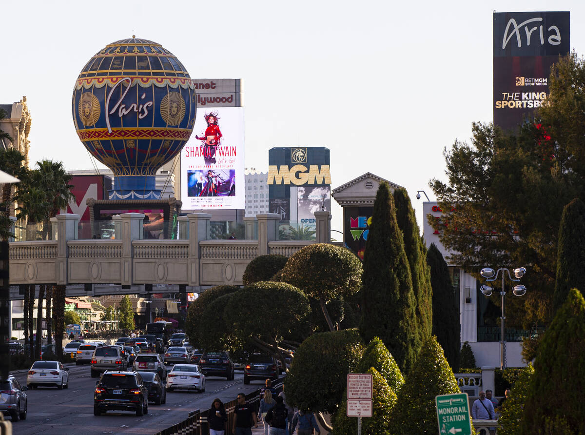 Hotel-casino marquees are seen along the Las Vegas Strip on Tuesday, Feb. 15, 2022, in Las Vega ...