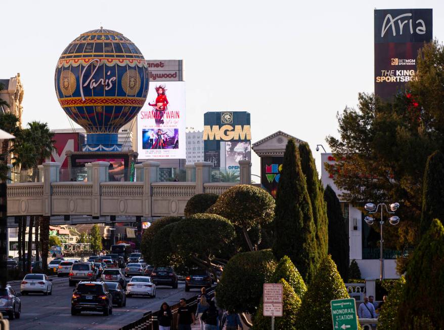 Hotel-casino marquees are seen along the Las Vegas Strip on Tuesday, Feb. 15, 2022, in Las Vega ...