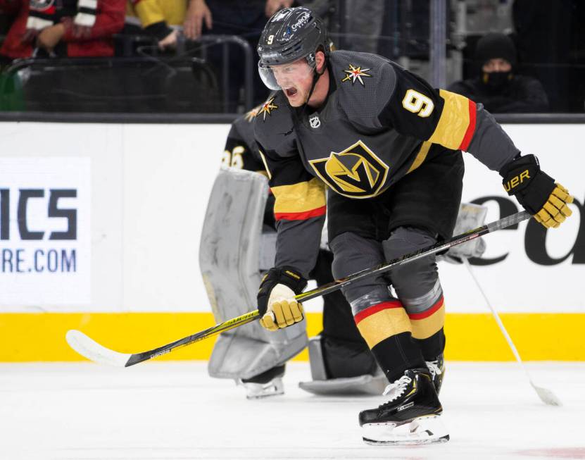 Golden Knights center Jack Eichel (9) warms up before the start of an NHL hockey game against t ...