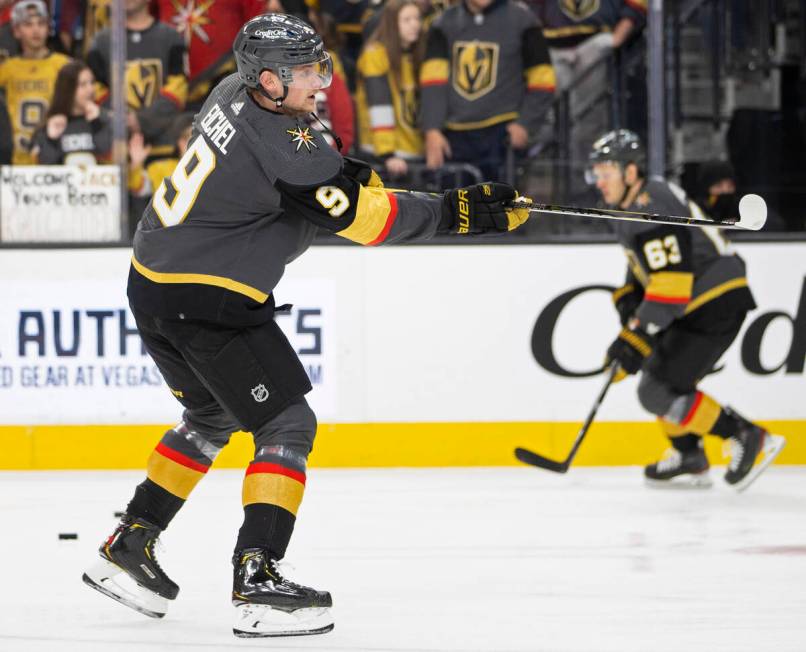 Golden Knights center Jack Eichel (9) warms up before the start of an NHL hockey game against t ...