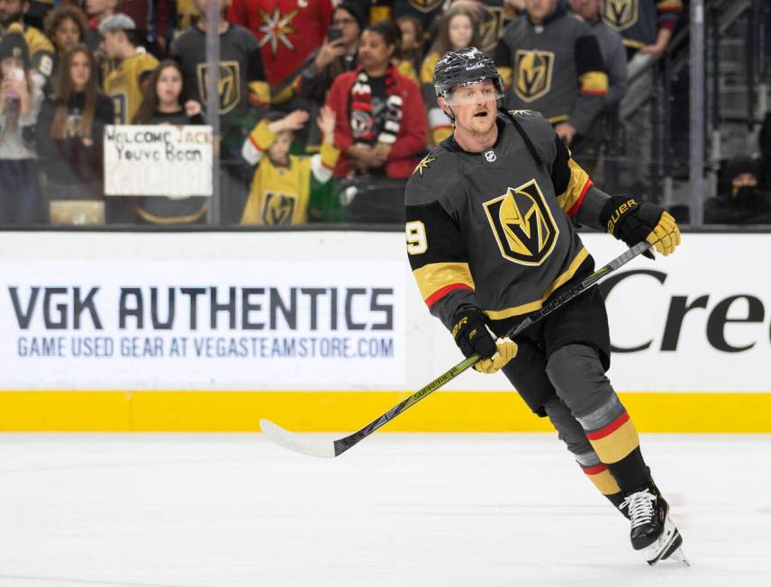 Golden Knights center Jack Eichel (9) warms up before the start of an NHL hockey game against t ...