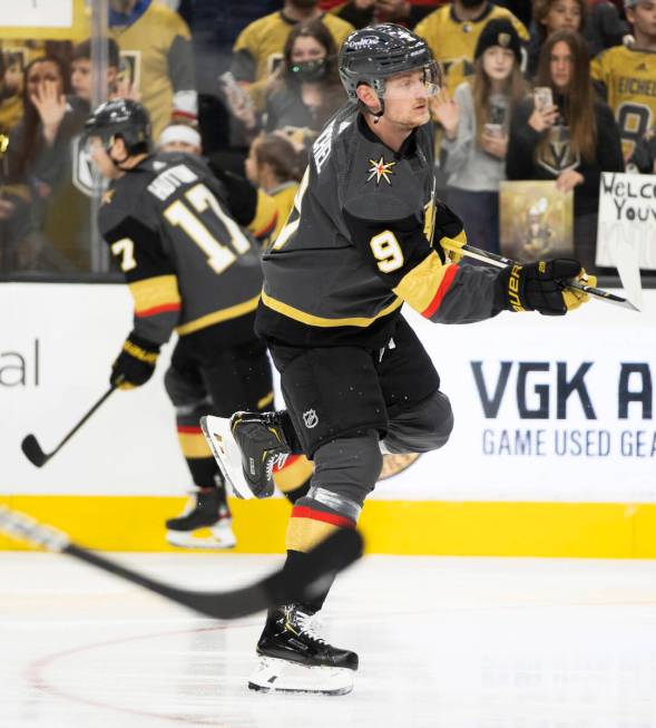 Golden Knights center Jack Eichel (9) warms up before the start of an NHL hockey game against t ...