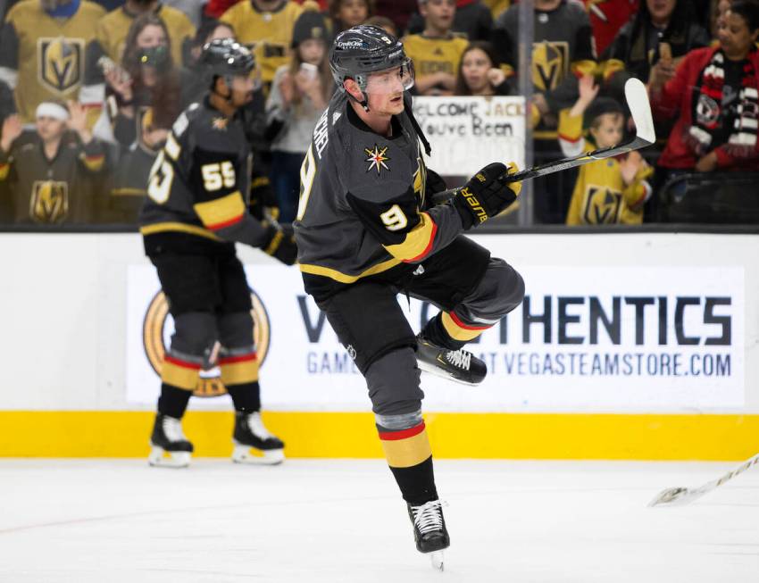 Golden Knights center Jack Eichel (9) warms up before the start of an NHL hockey game against t ...