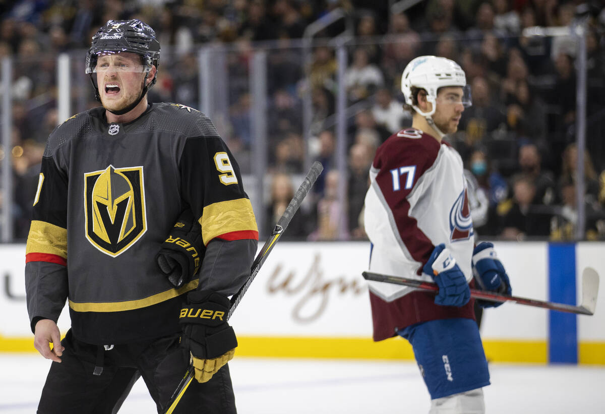 Golden Knights center Jack Eichel (9) takes a deep breath before a face off in the first period ...