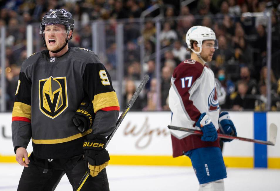 Golden Knights center Jack Eichel (9) takes a deep breath before a face off in the first period ...