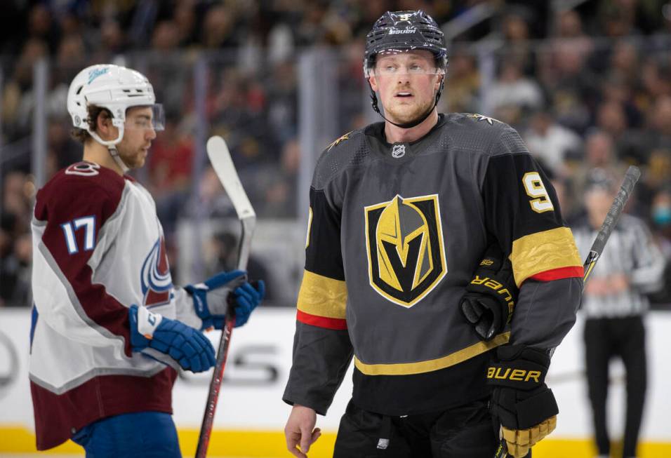 Golden Knights center Jack Eichel (9) prepares for a face off in the first period during an NHL ...