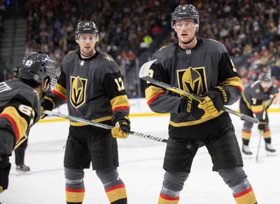 Golden Knights center Jack Eichel (9) prepares for a face off in the first period during an NHL ...