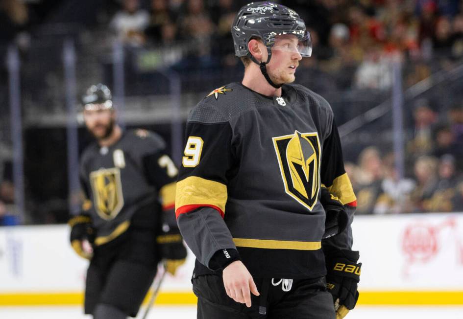 Golden Knights center Jack Eichel (9) prepares for a face off in the first period during an NHL ...