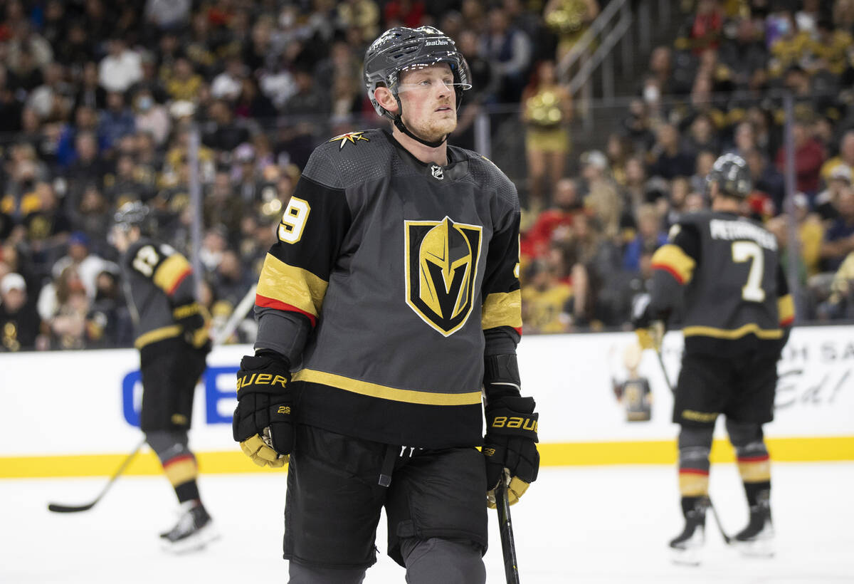 Golden Knights center Jack Eichel (9) circles the ice after defending a shot on goal in the sec ...