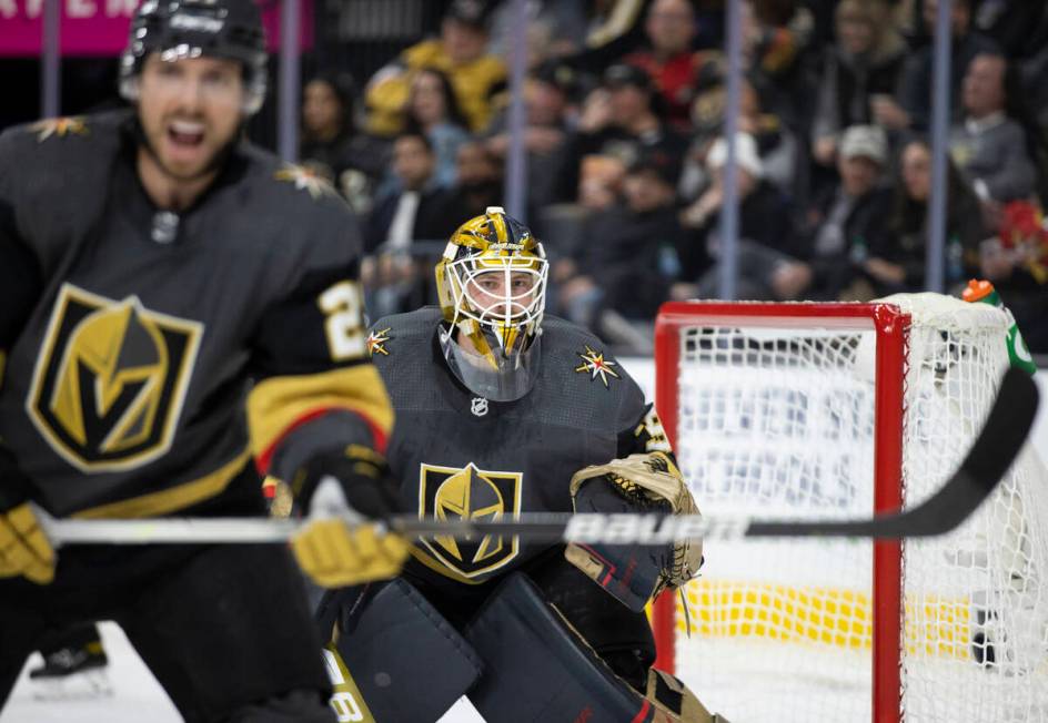 Golden Knights goaltender Laurent Brossoit (39) defends the goal in the second period during an ...