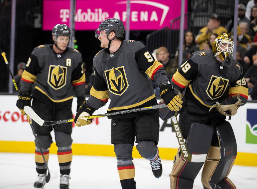 Golden Knights center Jack Eichel (9) winces after defending a shot on goal in the second perio ...