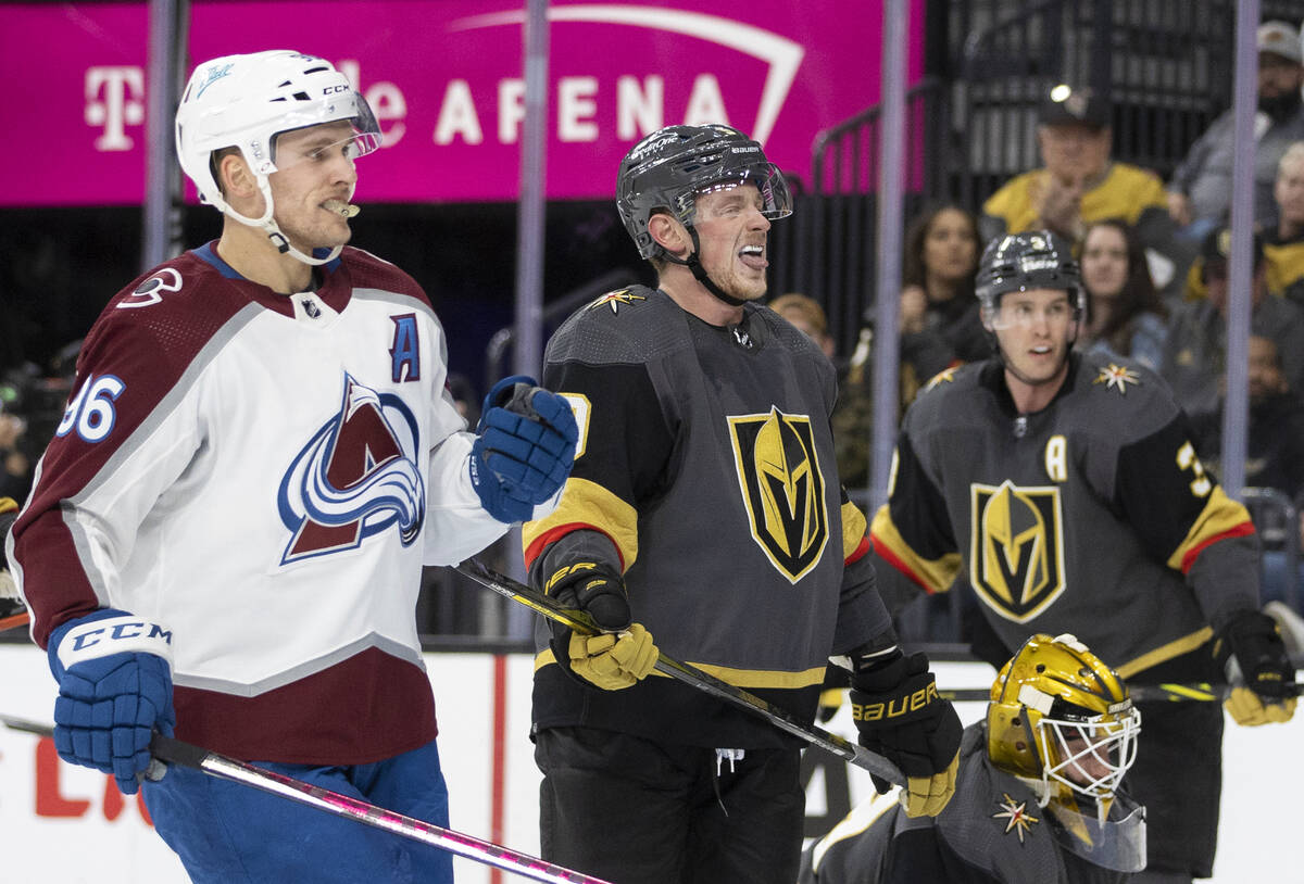 Golden Knights center Jack Eichel (9) takes a deep breath after defending a goal attempt from C ...