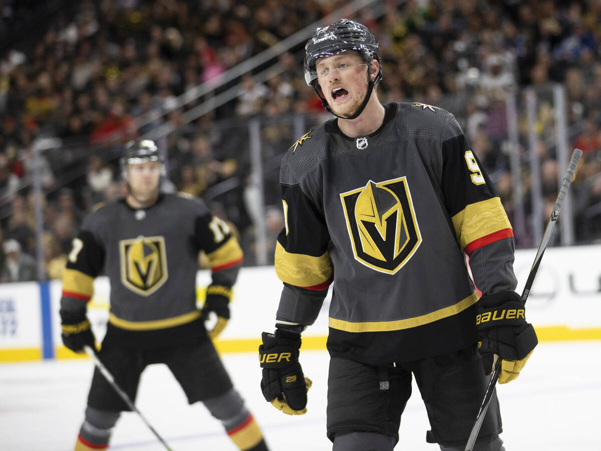 Golden Knights center Jack Eichel (9) pleads his case to a referee in the third period during a ...