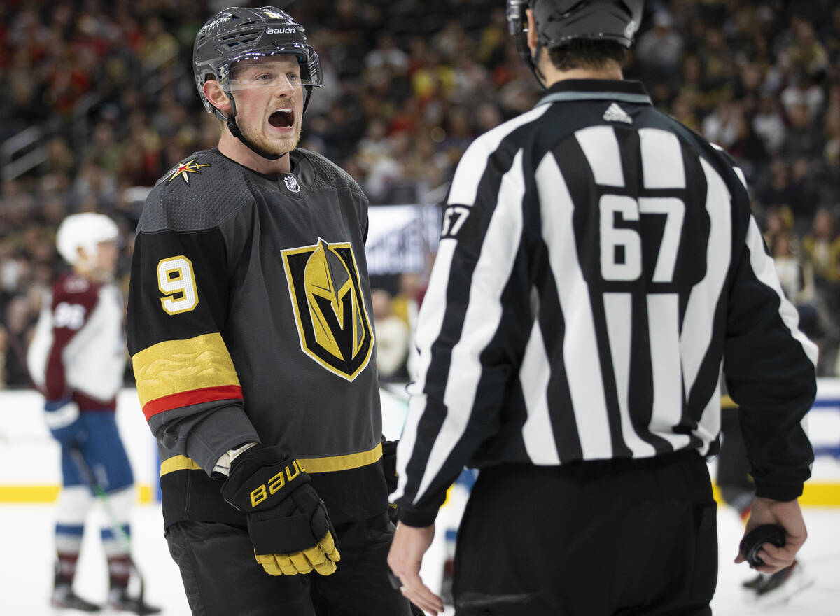 Golden Knights center Jack Eichel (9) pleads his case to a referee in the third period during a ...