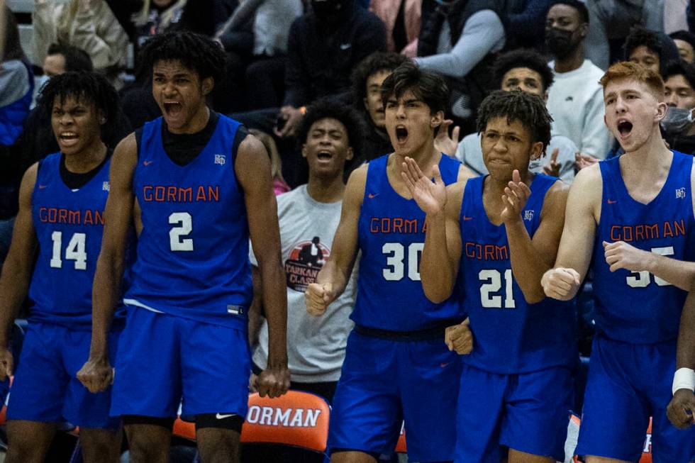 Bishop Gorman players reacts to a play against Liberty High during Platinum Division boys baske ...