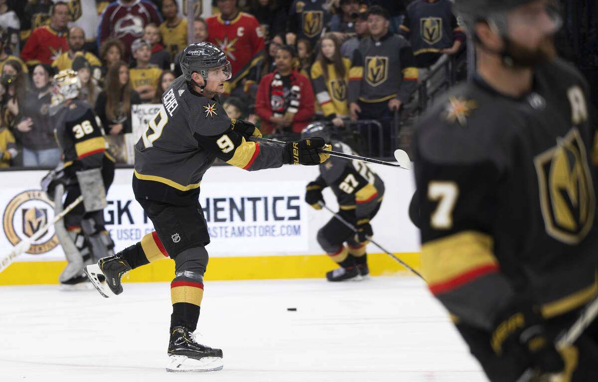 Golden Knights center Jack Eichel (9) warms up before the start of an NHL hockey game against t ...