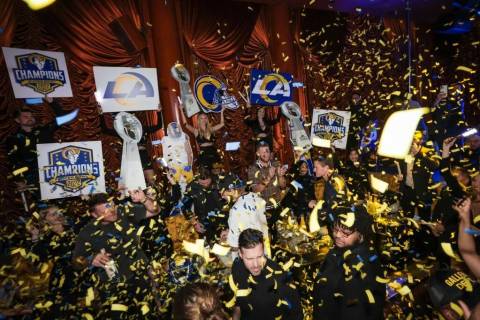 Members of the Los Angeles Rams celebrate their Super Bowl LVI victory party at Encore Beach Cl ...