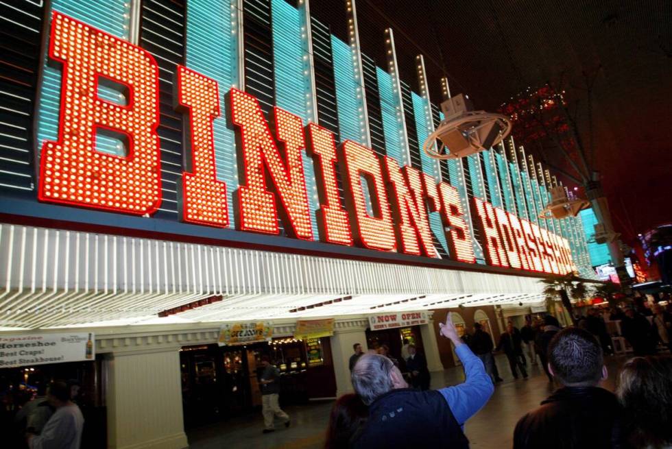 Binion's Horseshoe neon sign photographed from Fremont Street on Dec. 29, 2003. (File, Craig L. ...
