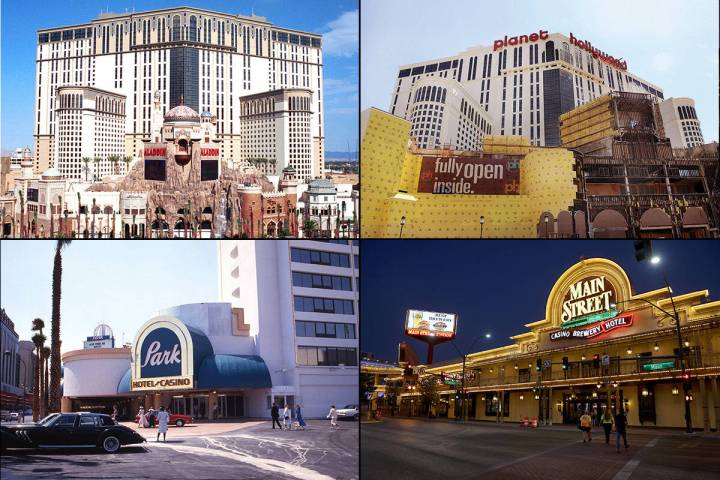 Clockwise from top left: The Aladdin Hotel and Casino is shown during its opening day Thursday, ...