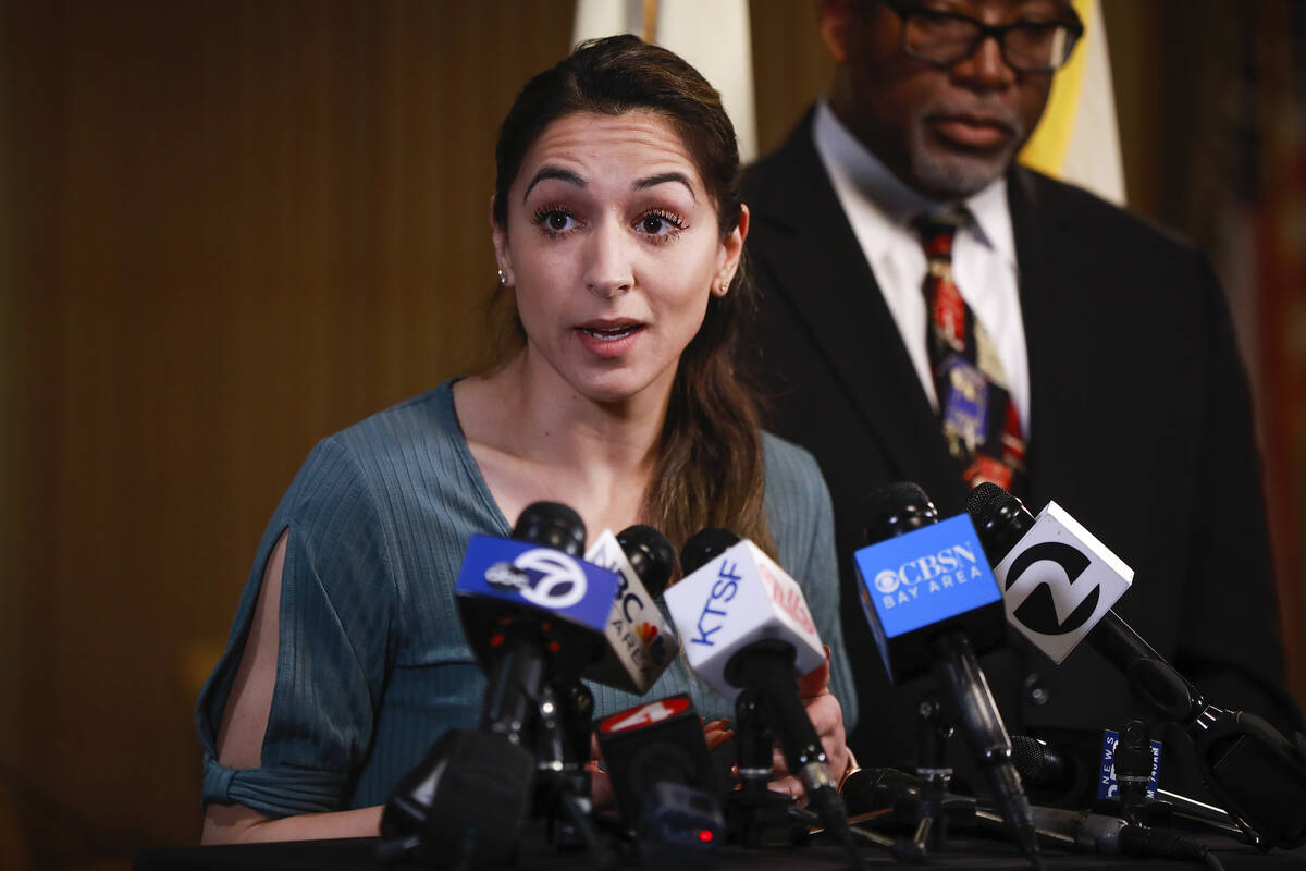 School Board Vice President Gabriela Lopez speaks during a news conference in San Francisco, Ma ...