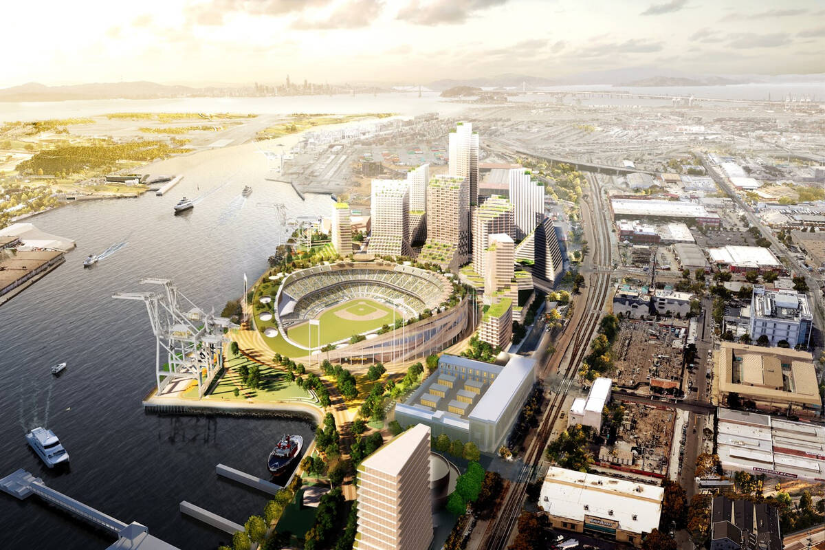 Rendering of the Oakland A's planned Howard Terminal project, that includes a $1 billion, 35,00 ...