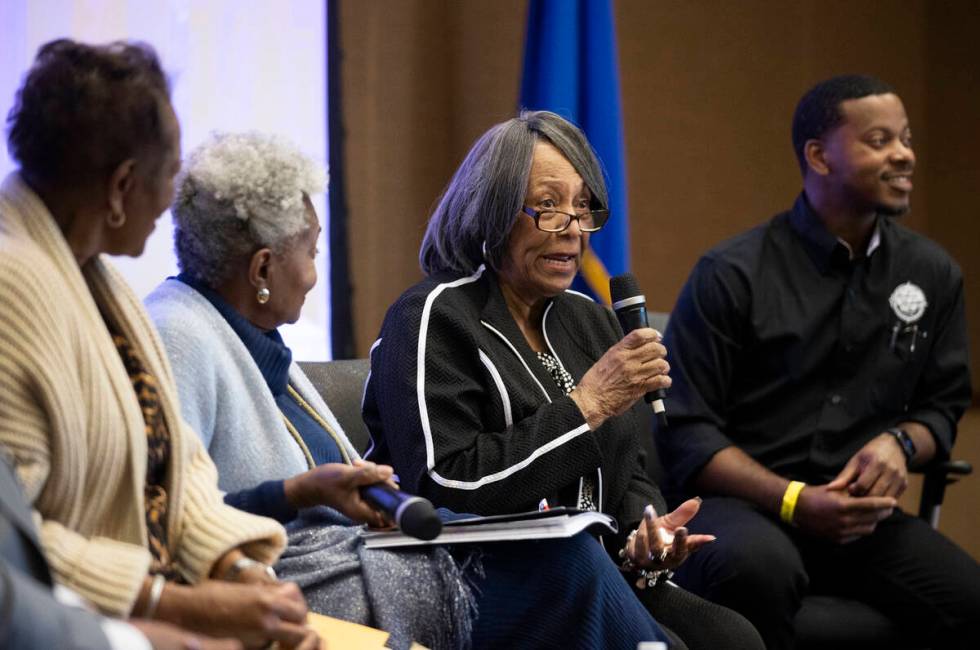 Eva Simmons, retired educator and former Area Superintendent for CCSD, speaks during “ ...