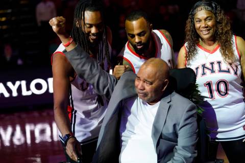 Former UNLV basketball player Robert Smith's number is retired during halftime of the UNLV-Colo ...