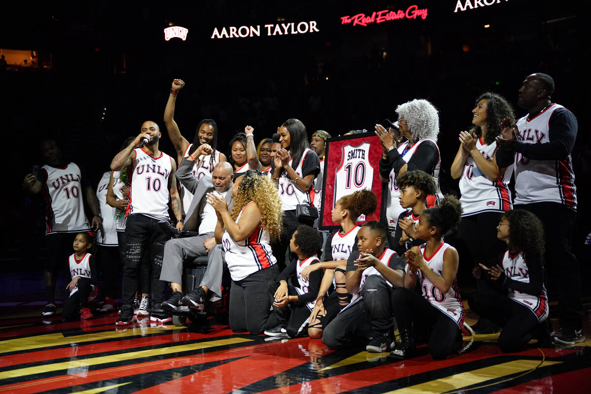 Former UNLV basketball player Robert Smith's number is retired during halftime of the UNLV-Colo ...