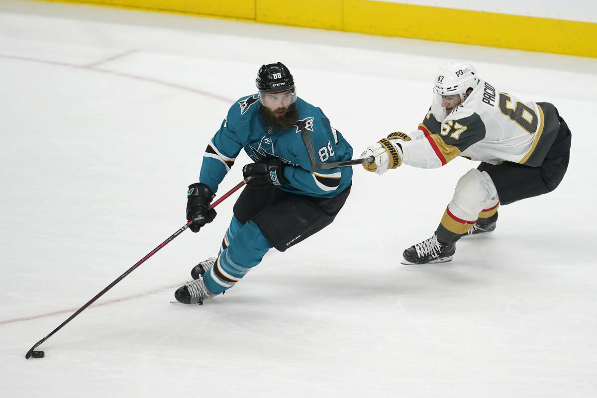 San Jose Sharks defenseman Brent Burns (88) skates with the puck against Vegas Golden Knights l ...