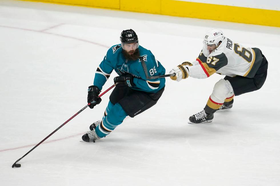 San Jose Sharks defenseman Brent Burns (88) skates with the puck against Vegas Golden Knights l ...