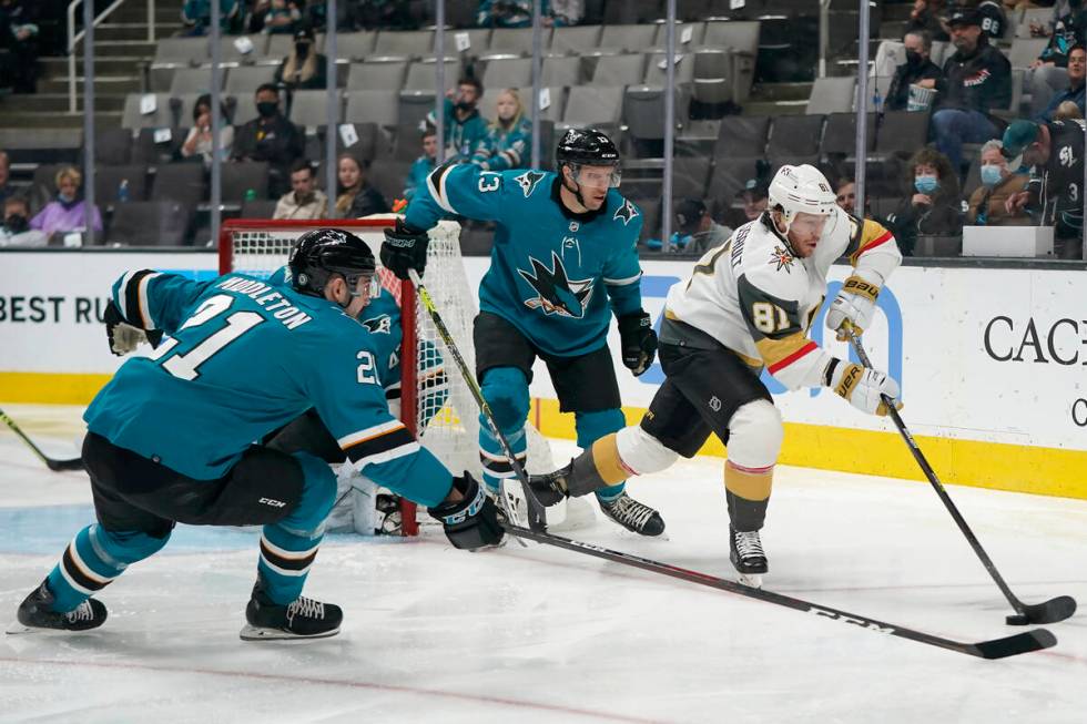 Vegas Golden Knights center Jonathan Marchessault (81) skates with the puck against San Jose Sh ...