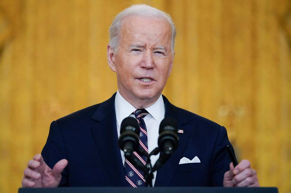 President Joe Biden speaks about Ukraine in the East Room of the White House, Tuesday, Feb. 22, ...