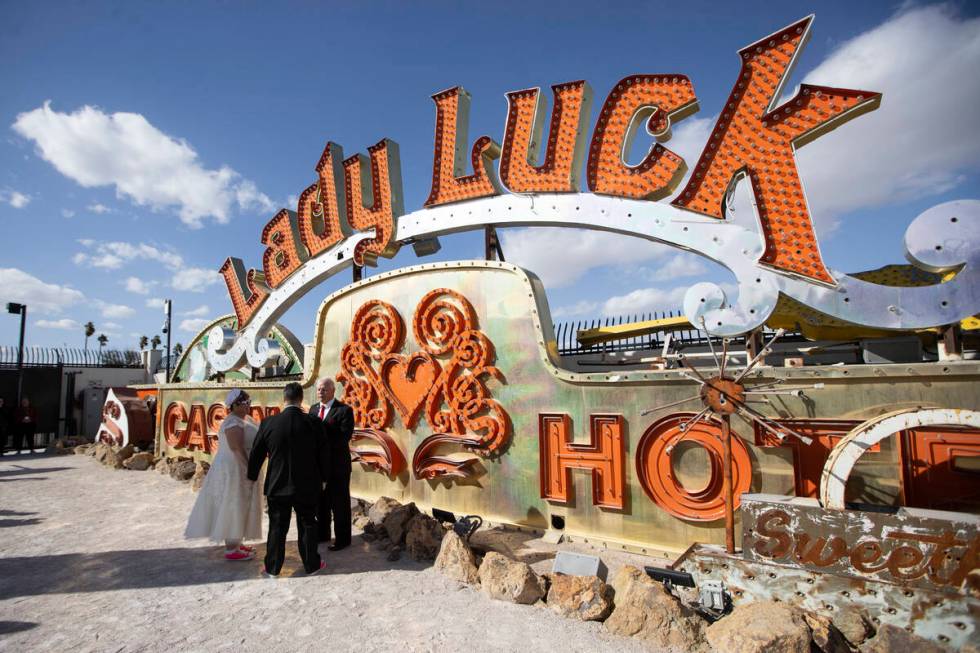 Javier Ansoleaga and Stephanie Hippensteel at the Neon Museum in Las Vegas, Tuesday, Feb. 22, 2 ...