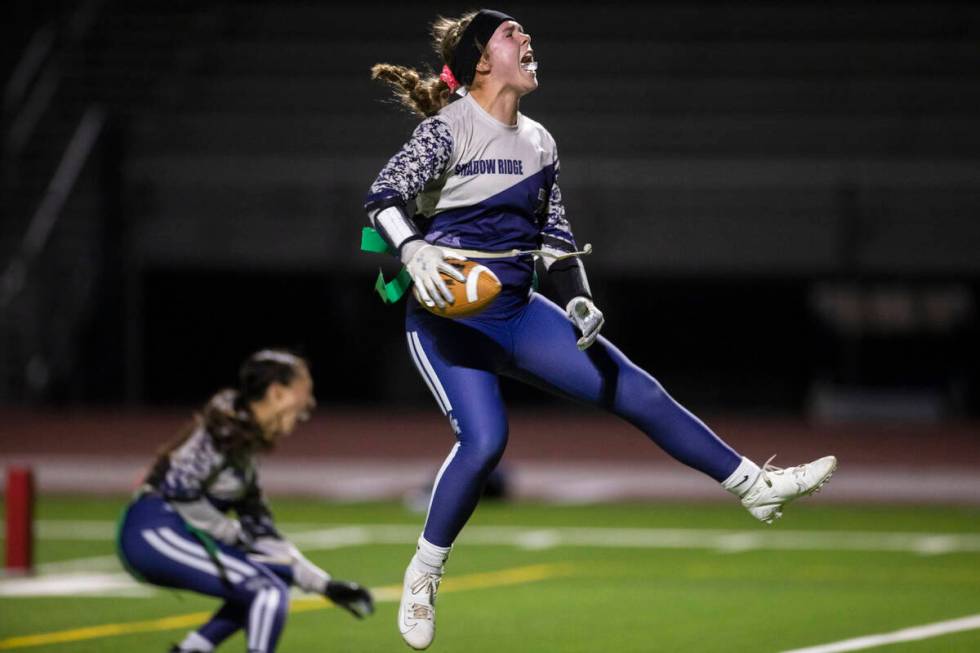 Shadow Ridge’s Breiana Bonkavich (7) leaps in the air after making a touchdown catch in ...