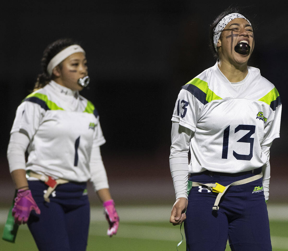 Green Valley’s Soriah Tafua (13) celebrates after scoring a touchdown in the first half ...