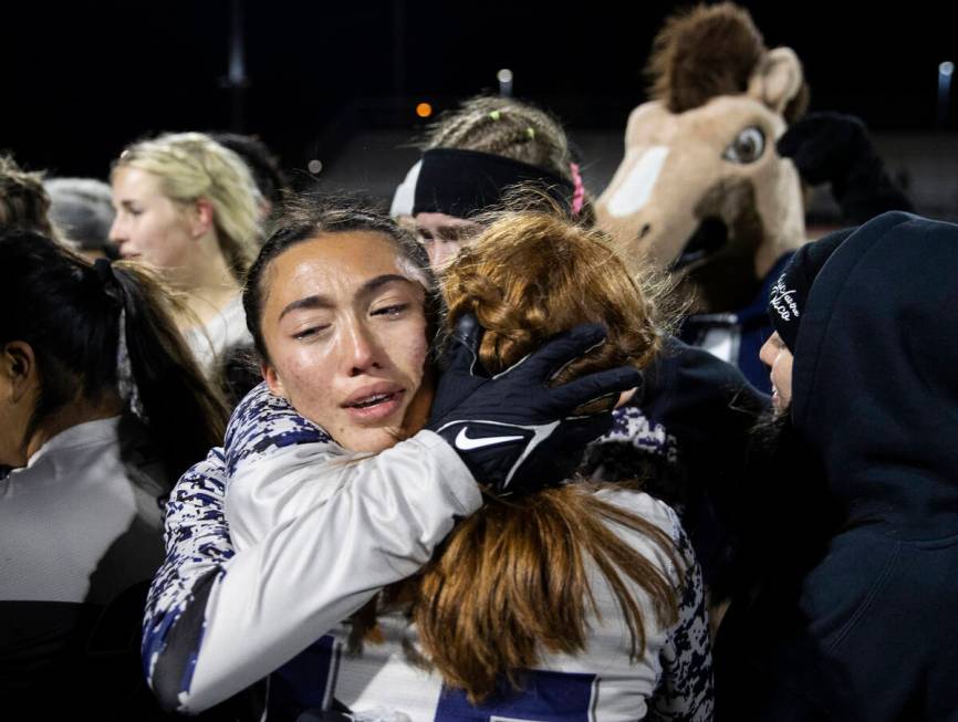 Shadow Ridge’s Makayla McEvoy (3) sheds tears of joy after beating Green Valley to win t ...