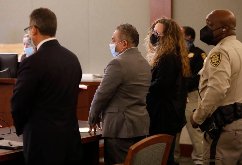 Omar Rueda-Denvers, second from left, listens to his verdict in his retrial on Sept. 17, 2021, ...