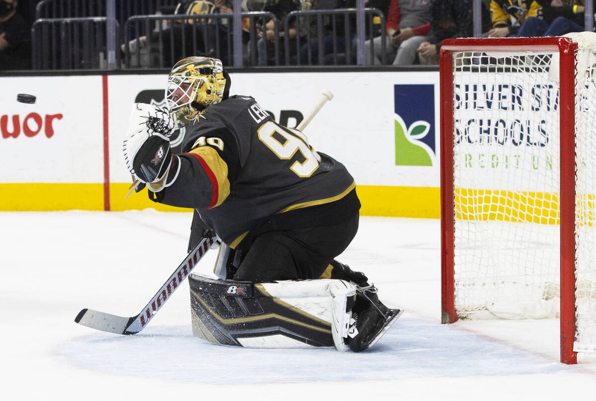 Golden Knights goaltender Robin Lehner (90) makes a save in the second period during an NHL hoc ...