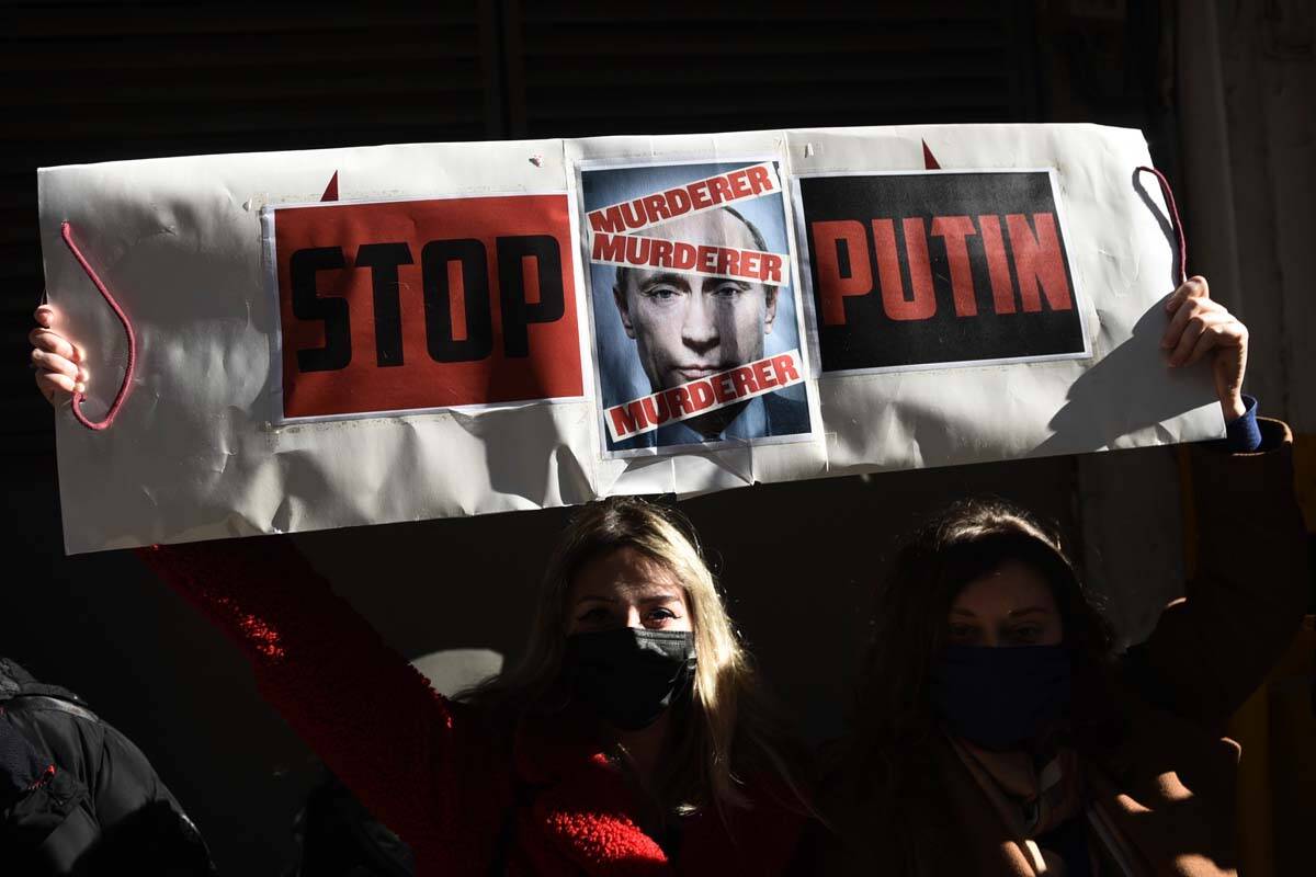 Ukrainians who live in Greece protest outside the Russian Consulate in the northern port city o ...