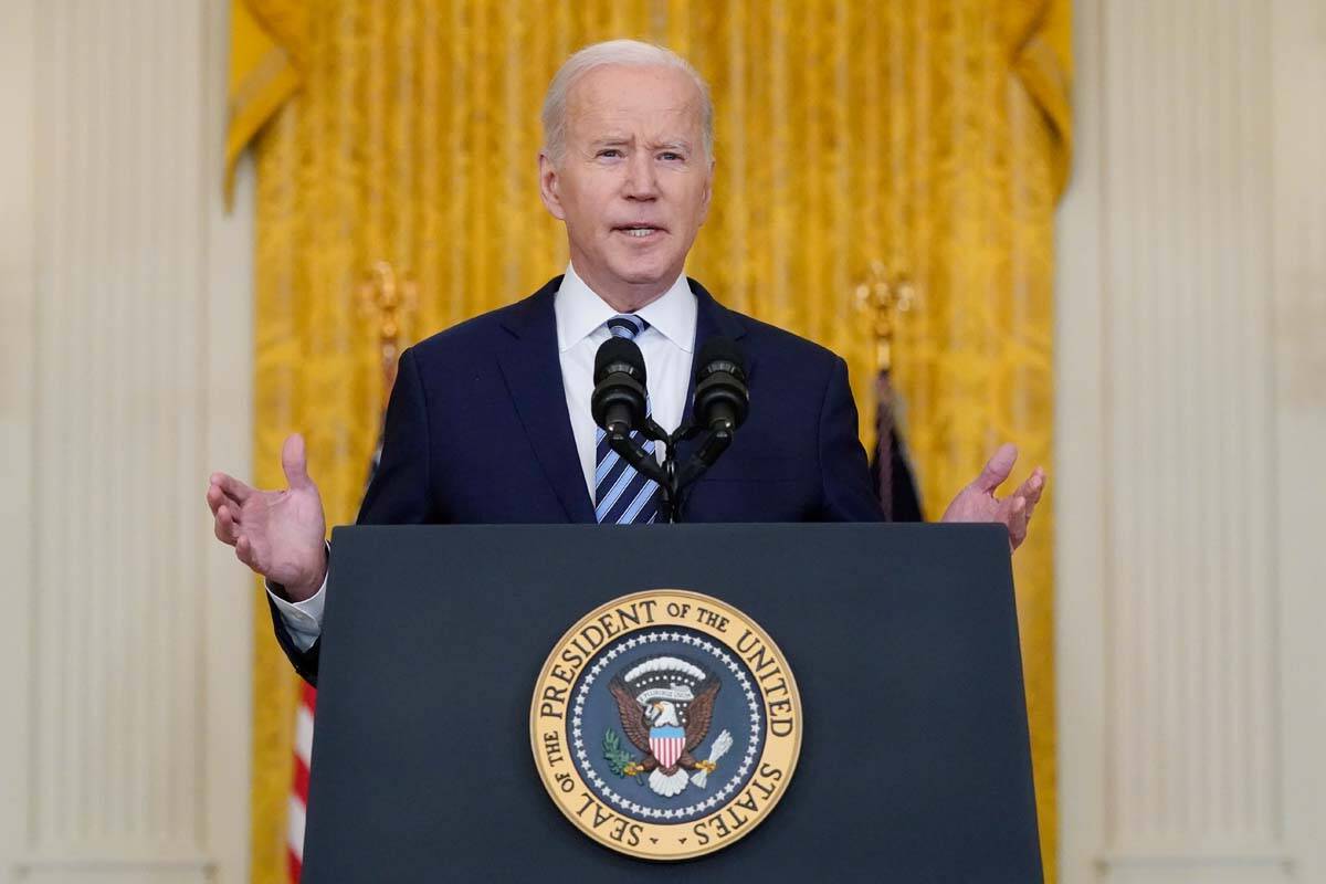 President Joe Biden speaks about the Russian invasion of Ukraine in the East Room of the White ...