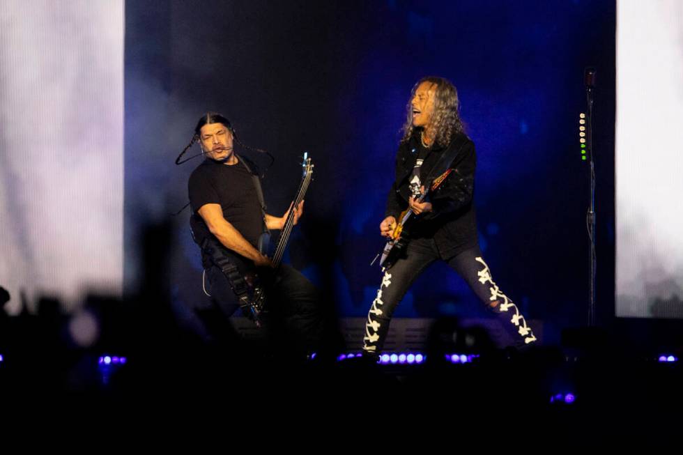 Robert Trujillo, left, and Kirk Hammett of Metallica perform in a music concert at Allegiant St ...