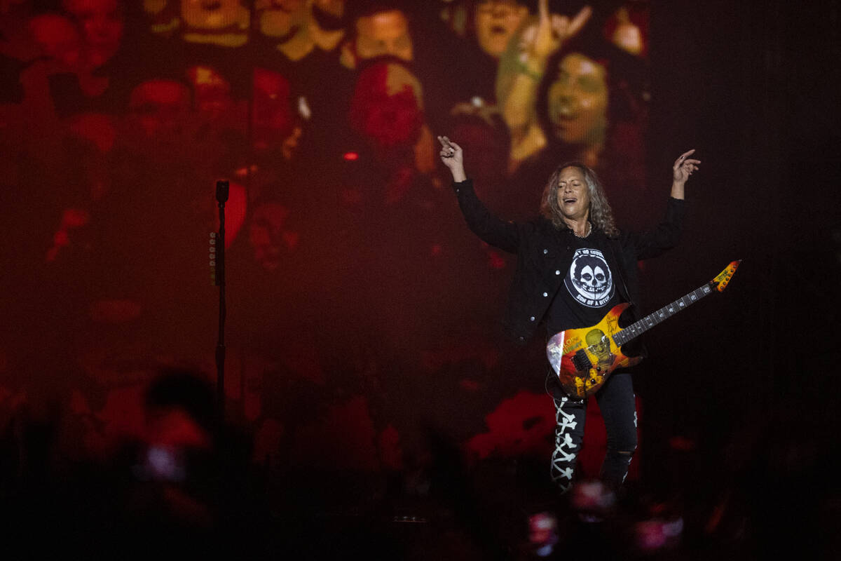 Kirk Hammett of Metallica performs in a music concert at Allegiant Stadium in Las Vegas, Friday ...